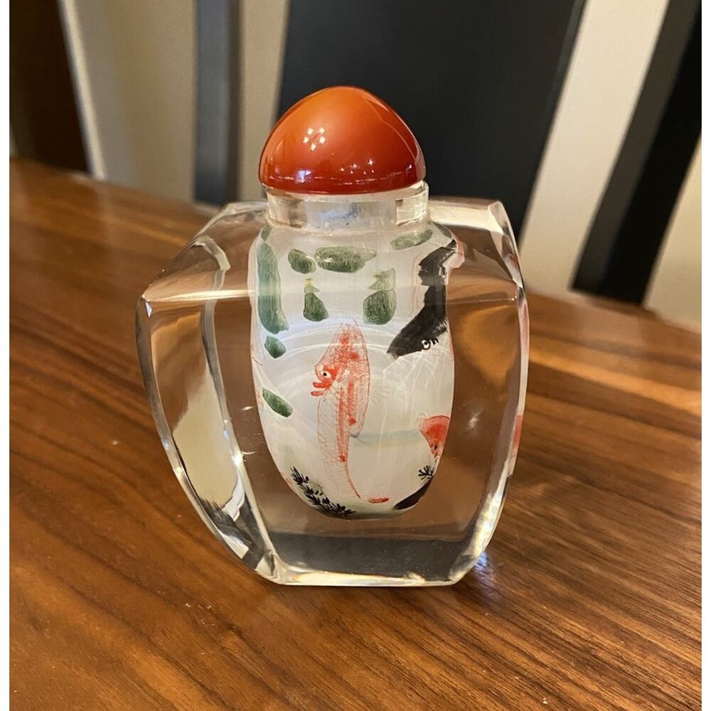 Chinese Glass Snuff Bottle Reverse Hand Painted Fish Red and Black